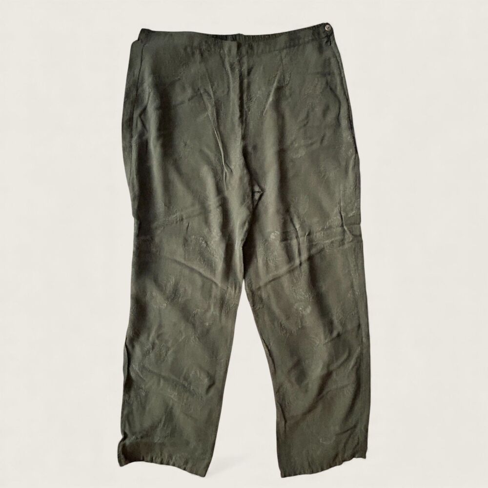 Citron Santa Monica 100% Silk Olive Green Pants Women Relaxed Embroidered Large - Picture 2 of 8